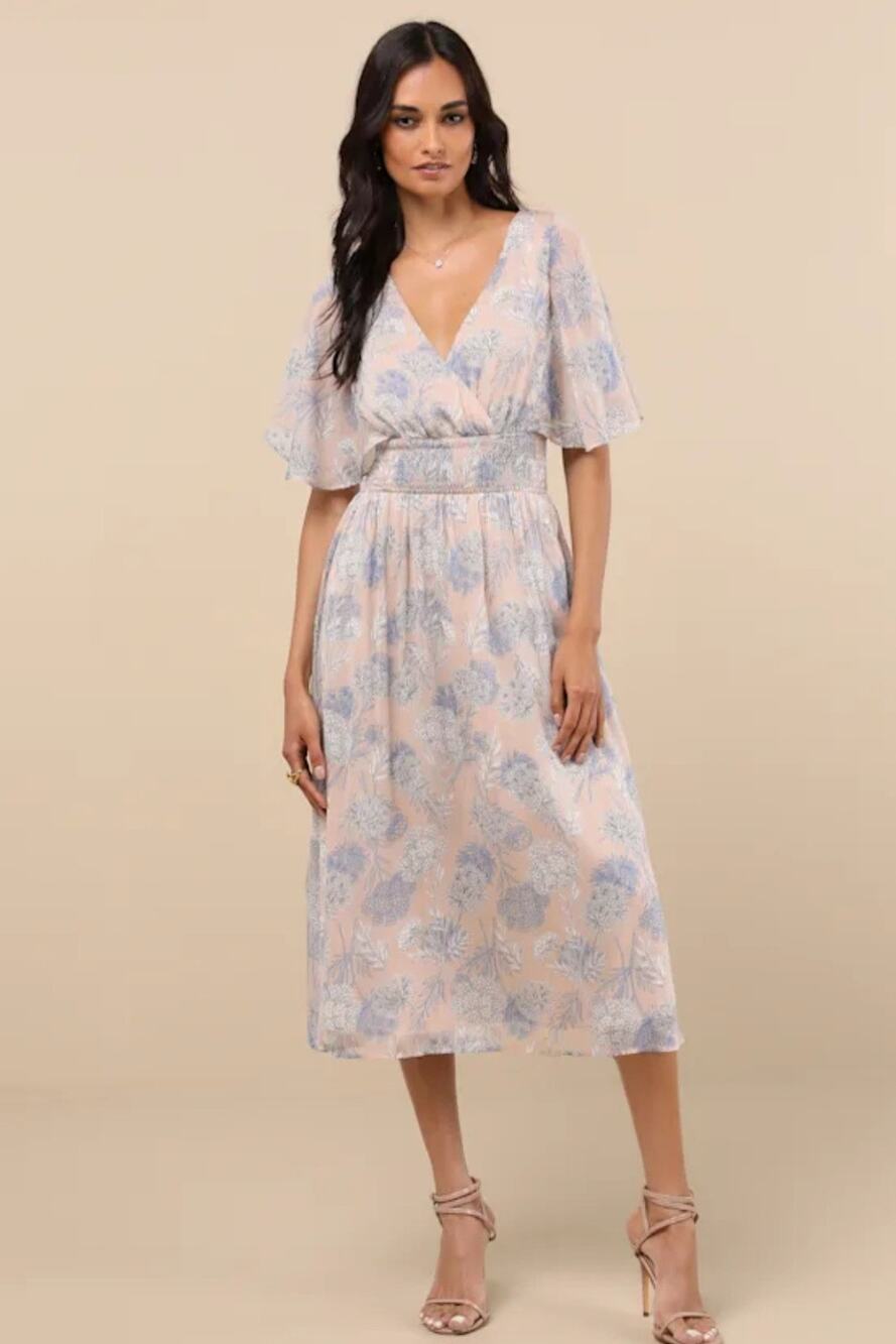 Lulus Subtle Romance Beige Blue Floral Print Ruffled Midi Dress Size Medium NWOT